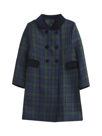 Trotters Kids' Classic Double-Breasted Tartan Coat, Blue/Green, Blue/Green