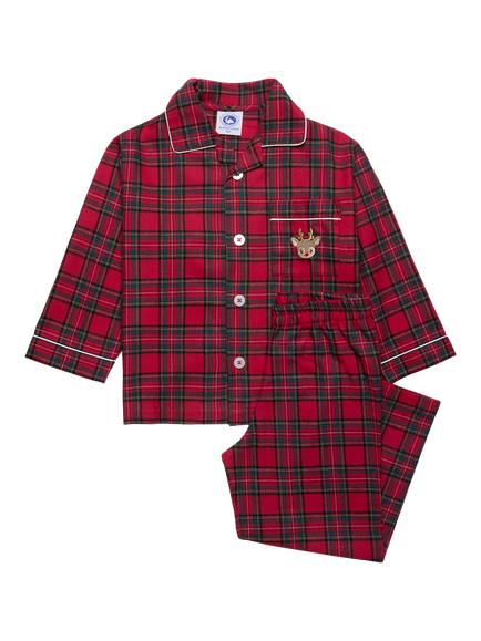 Trotters Kids' Reindeer Plaid Pyjama Set, Red Tartan, Red Tartan