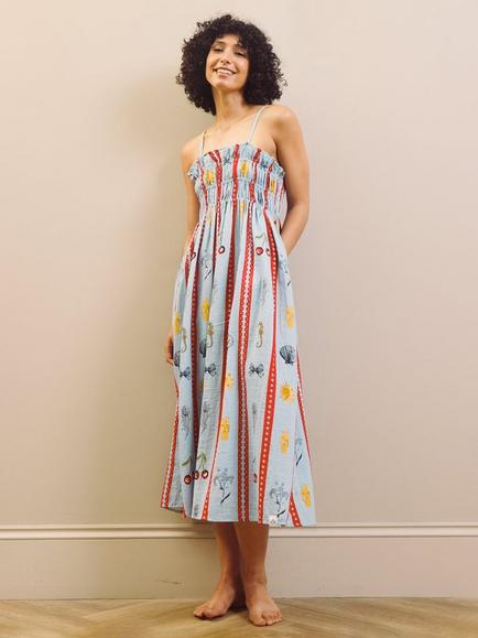 Their Nibs Blue Tidal Treasures Gauze Cotton Midi Nightdress, Blue, Blue
