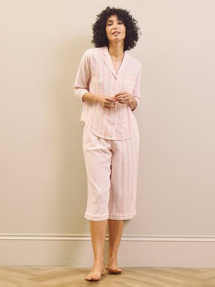 Their Nibs Baby Pink Multi Stripe Gauze Cotton Capri Pyjama Set, Pink, Pink