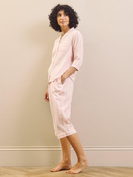 Their Nibs Baby Pink Multi Stripe Gauze Cotton Capri Pyjama Set, Pink - view 2, Pink