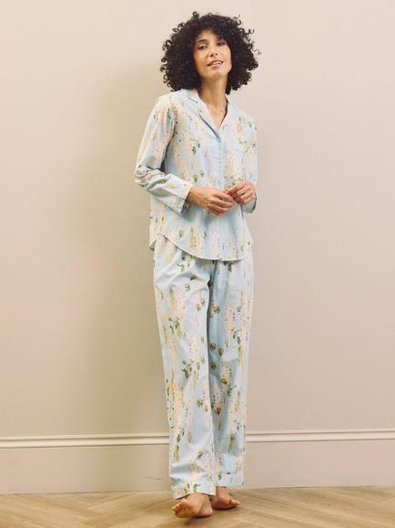 Their Nibs Wisteria Button Through Long Cotton Pyjama Set, Blue, Blue