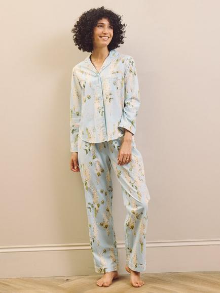 Their Nibs Wisteria Button Through Long Cotton Pyjama Set, Blue - view 2, Blue