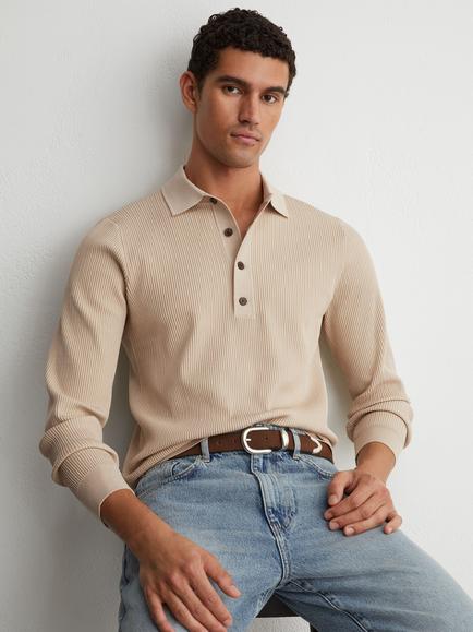 Reiss Admiral Long Sleeve Polo Shirt, Stone - view 2, Stone