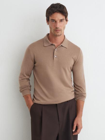 Reiss Trafford Knit Wool Polo Shirt, Camel Brown