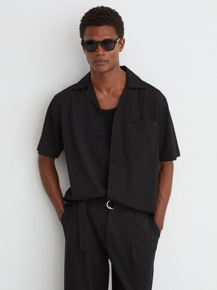 Reiss Russo Regular Fit Cuban Collar Shirt, Black, Black