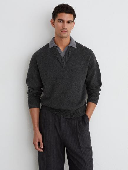 Reiss Corey Collared Wool Jumper, Charcoal Grey, Charcoal Grey