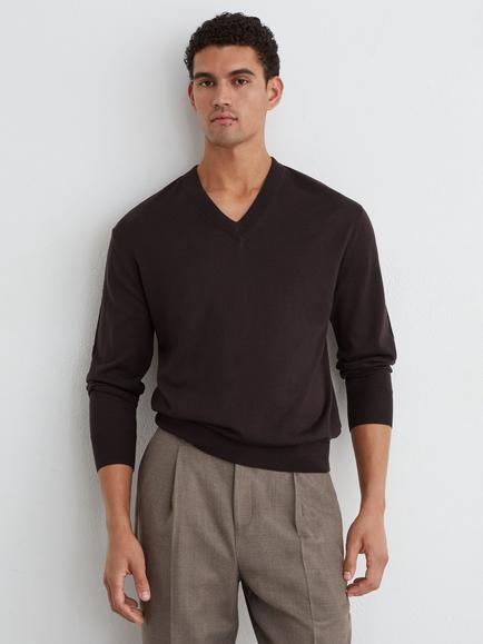 Reiss Earlsfield Wool V-Neck Jumper, Bitter Brown