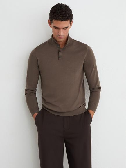 Reiss Farnham Ridge Button Neck Wool Jumper, Ridge Brown, Ridge Brown