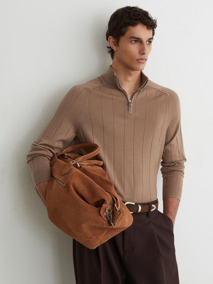 Reiss Findlay Zip-Neck Wool Jumper, Camel Brown, Camel Brown