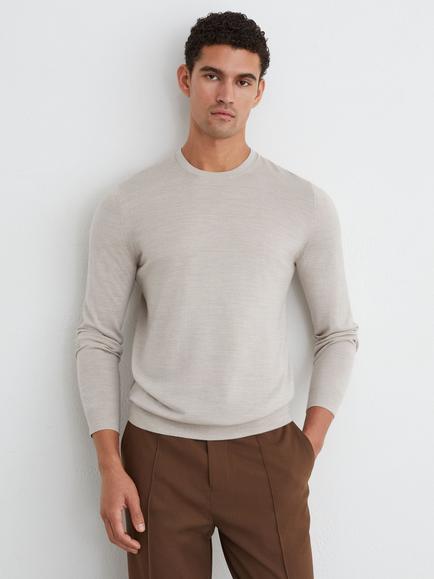 Reiss Wessex Crew Neck Wool Jumper, Stone Mouline