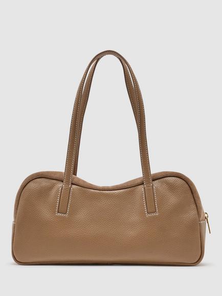 Reiss Alma Suede and Leather Bowling Bag, Taupe, Taupe