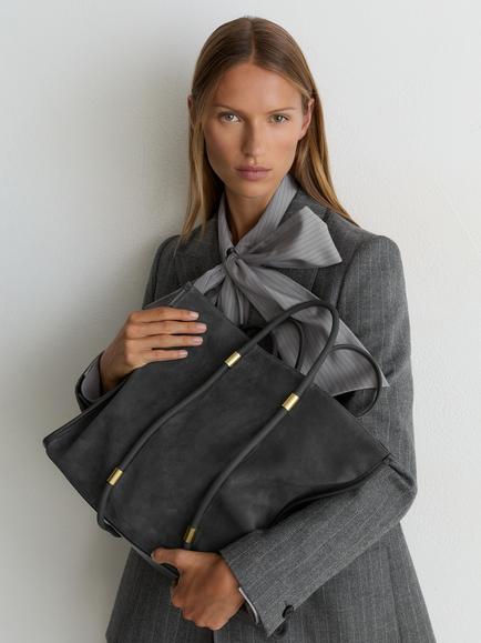 Reiss Ramona Leather Tote Bag, Grey - view 2, Grey