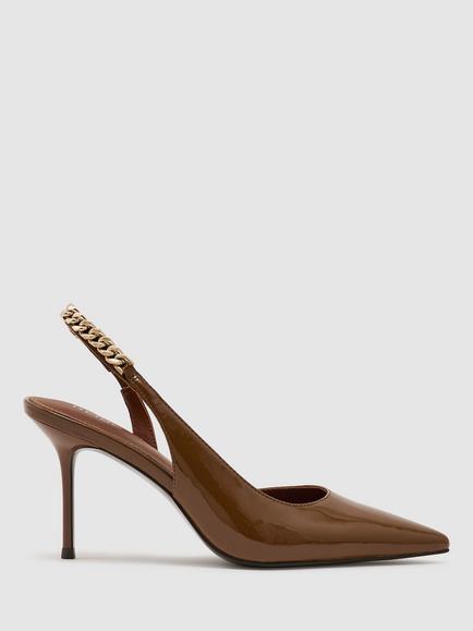Reiss Lucia Patent Leather Chain Detail Court Shoes, Camel, Camel