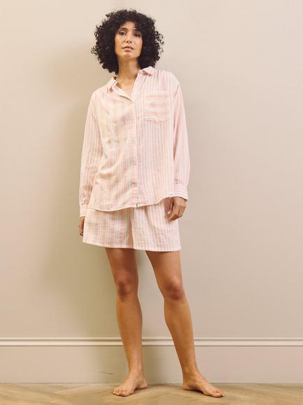 Their Nibs Baby Pink Multi Stripe Boyfriend Shirt Short Pyjama Set, Pink, Pink