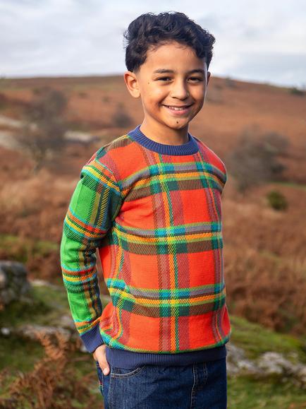 Frugi Kids' Elwood Knit Jumper, Rainbow Tartan - view 2, Rainbow Tartan
