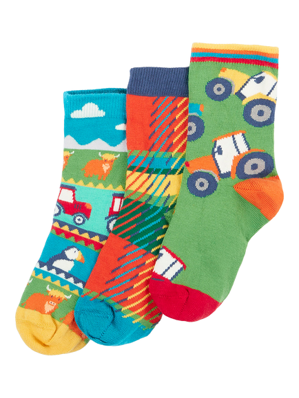 Frugi Kids' Rock My Socks, Pack of 3, Multi, Tractortartanmultipk