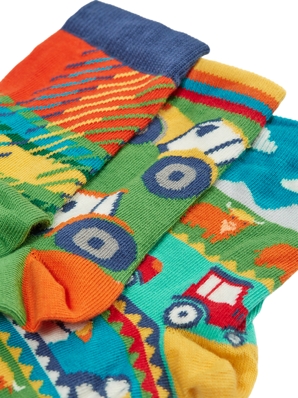 Frugi Kids' Rock My Socks, Pack of 3, Multi - view 2, Tractortartanmultipk