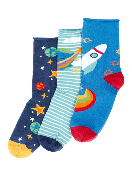 Frugi Kids' Roly Bamboo Socks, Pack of 3, Multi, Spaceadventuremltipk