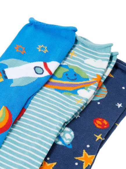 Frugi Kids' Roly Bamboo Socks, Pack of 3, Multi - view 2, Spaceadventuremltipk