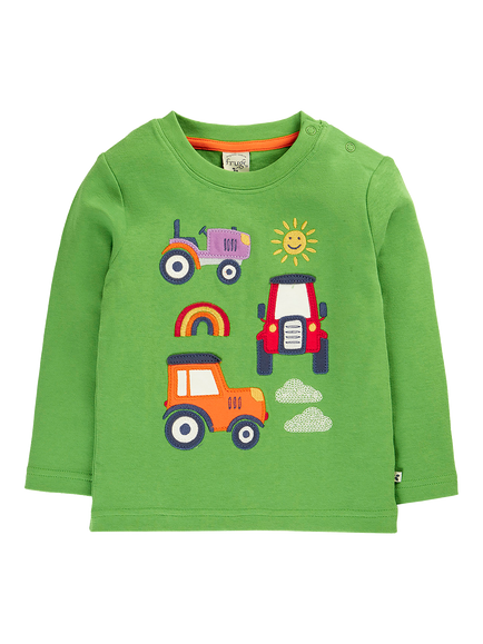 Frugi Kids' Adventure Applique Top, Palm/Tractor, Palm/Tractor