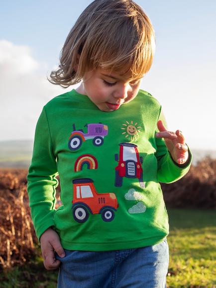 Frugi Kids' Adventure Applique Top, Palm/Tractor - view 2, Palm/Tractor
