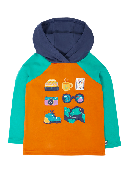 Frugi Kids' Compass Hooded Top, Multi, Hghlndcow/Adventure