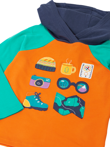 Frugi Kids' Compass Hooded Top, Multi - view 2, Hghlndcow/Adventure