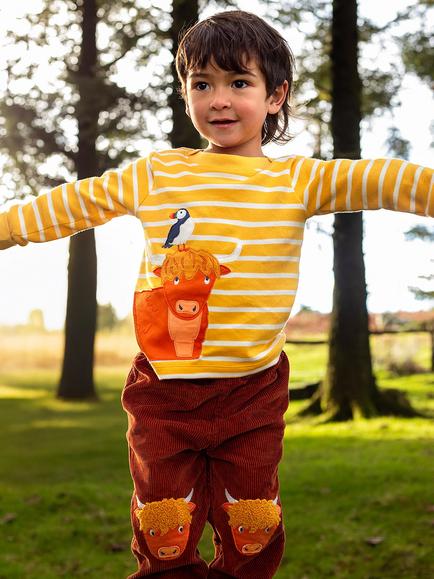 Frugi Kids' Easy On Highland Cow Top, Multi - view 2, Bmblebeebrton/Hlands