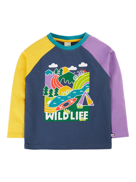 Frugi Kids' Horizon Raglan Top, Navy/Blue Wildlife, Navy Blue/Wildlife