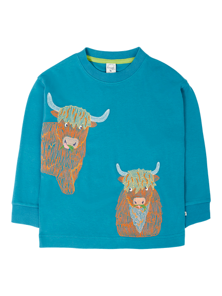 Frugi Kids' Owen Embroidered Top, Blue, Boatblue/Hghlndcows