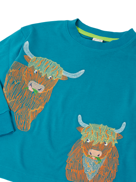 Frugi Kids' Owen Embroidered Top, Blue - view 2, Boatblue/Hghlndcows