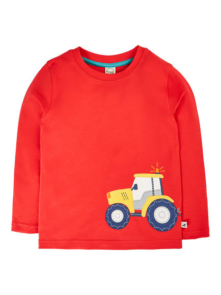 Frugi Kids' Scout Circular T-Shirt, Scarlet, Scarlet/Tractor