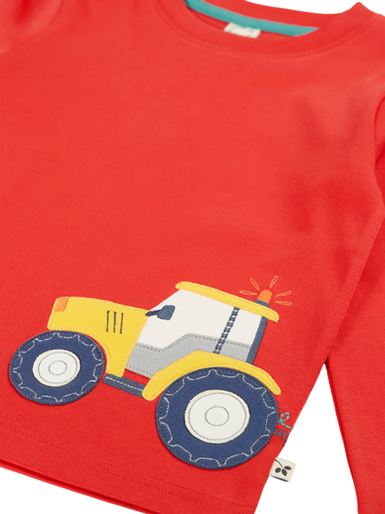 Frugi Kids' Scout Circular T-Shirt, Scarlet - view 2, Scarlet/Tractor