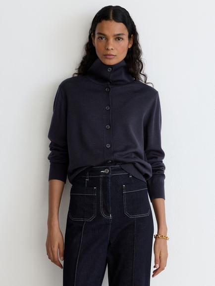 Reiss Gale Merino Wool Collared Cardigan, Navy, Navy