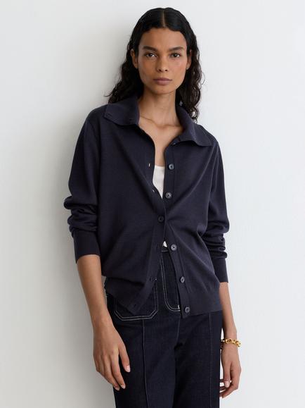 Reiss Gale Merino Wool Collared Cardigan, Navy - view 2, Navy