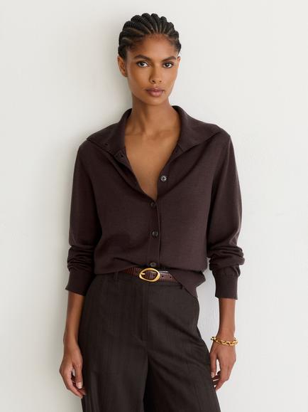 Reiss Gale Wool Collared Cardigan, Grape Burgundy, Grape Burgundy