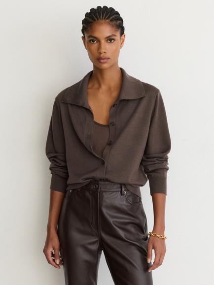 Reiss Gale Wool Collared Cardigan, Taupe Neutral, Taupe Neutral