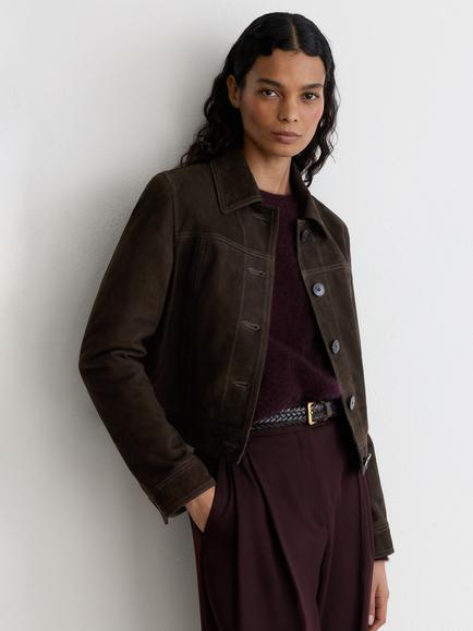Reiss Callie Suede Leather Jacket, Ebony Brown, Ebony Brown