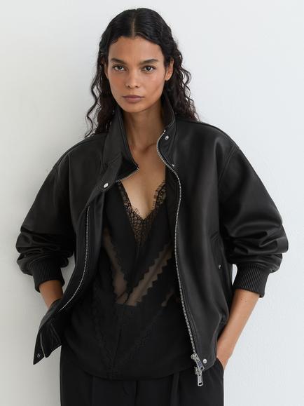 Reiss Cara Leather Bomber Jacket, Black, Black