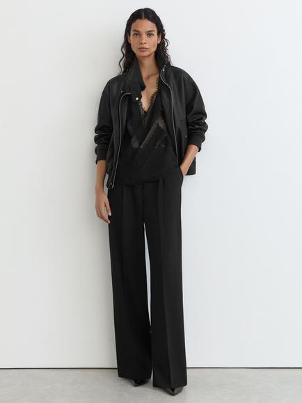 Reiss Petite Cara Leather Bomber Jacket, Black, Black