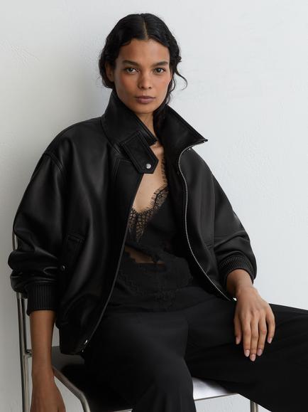 Reiss Petite Cara Leather Bomber Jacket, Black - view 2, Black