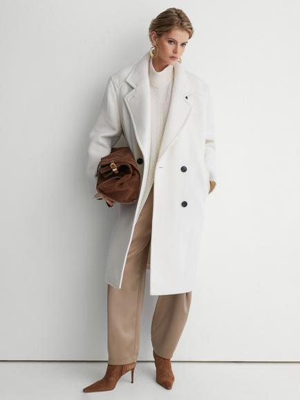 Reiss Atelier Kira Wool Blend Single Breasted Herringbone Coat, Cream, Cream