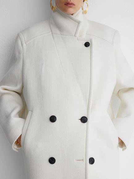 Reiss Atelier Kira Wool Blend Single Breasted Herringbone Coat, Cream - view 2, Cream