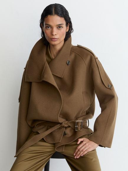 Reiss Lea Trench Wool Rich Jacket, Khaki Green - view 2, Khaki Green