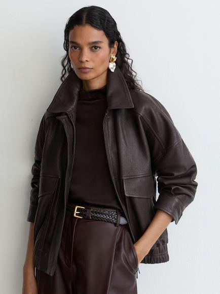 Reiss Petite Maeve Zip Front Leather Jacket, Ebony Brown, Ebony Brown