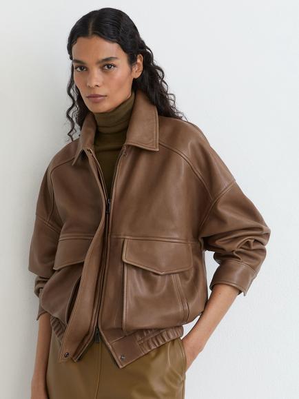 Reiss Petite Leather Twin-Pocket Relaxed Jacket, Neutral, Neutral