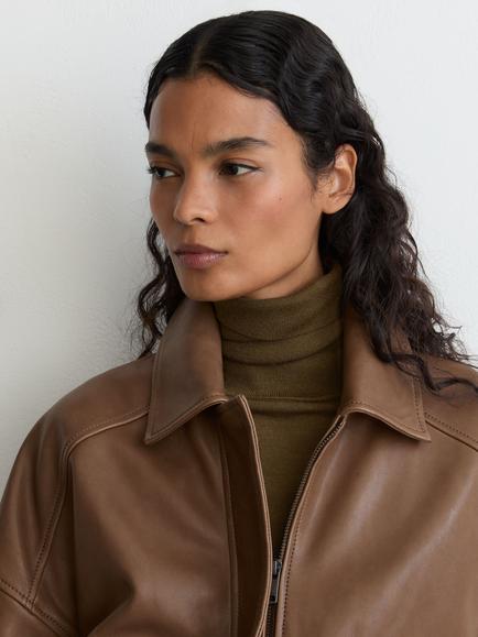 Reiss Petite Leather Twin-Pocket Relaxed Jacket, Neutral - view 2, Neutral