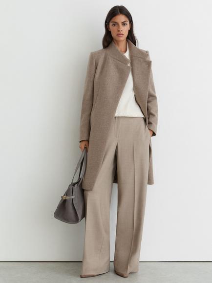 Reiss Petite Max Wool Rich Wrap Over Coat, Neutral Melange, Neutral Melange