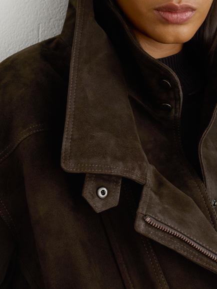 Reiss Petite Noa Suede Double Layer Jacket, Coffee Brown - view 2, Coffee Brown